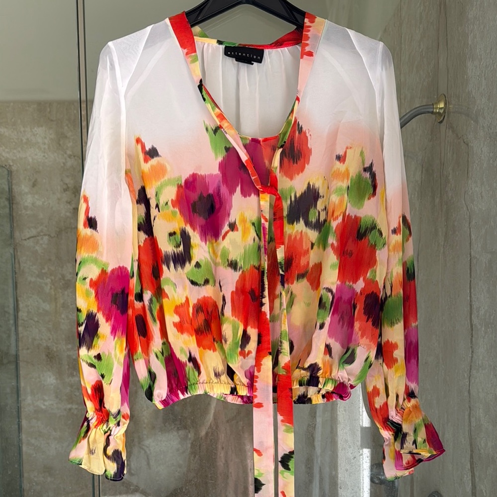 Attention Pink and Orange Long Sleeve Tie Front Blouse